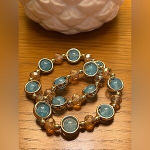 Chic Set of 2 Gold and Blue Beaded Stretch Bracelets NWOT
